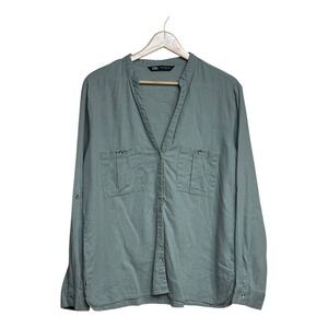 Zara Olive Green Utility Style Long Sleeve Button Down Shirt Womens Size M linen